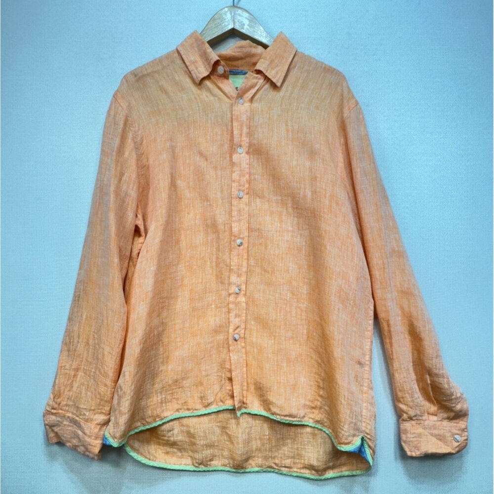 Report Collection Mens Button Down Linen Shirt Long Sleeve Stretch Size L Orange